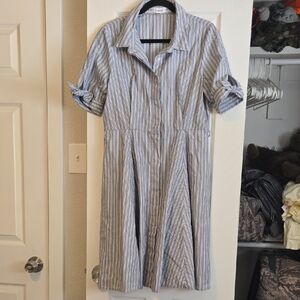 Calvin Klein Blue and White Striped Midi Shirt Dress
